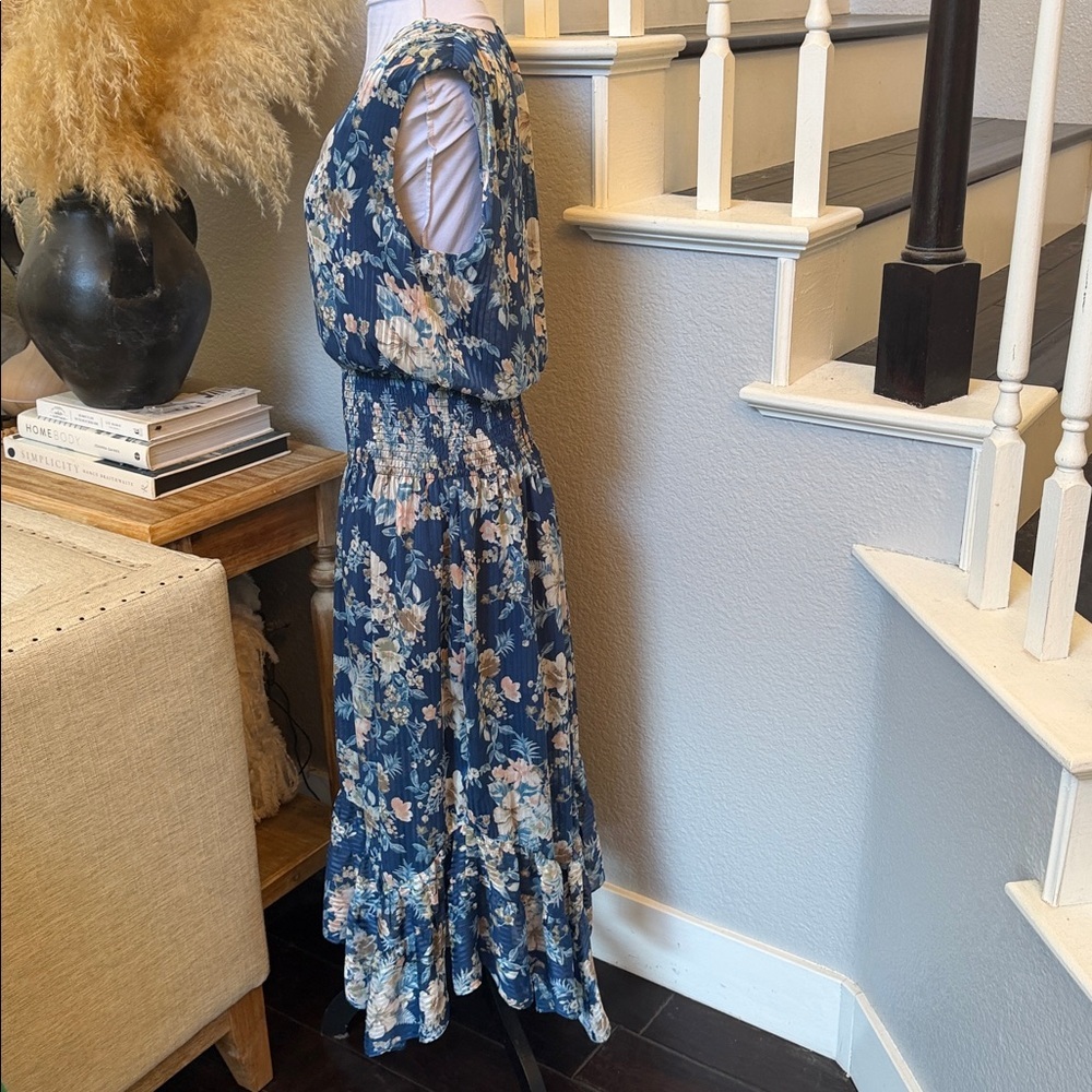 Reset by Jane Ariel Blue Floral Flowy Midi Dress Boho Ruffle Size Small - Picture 5 of 9